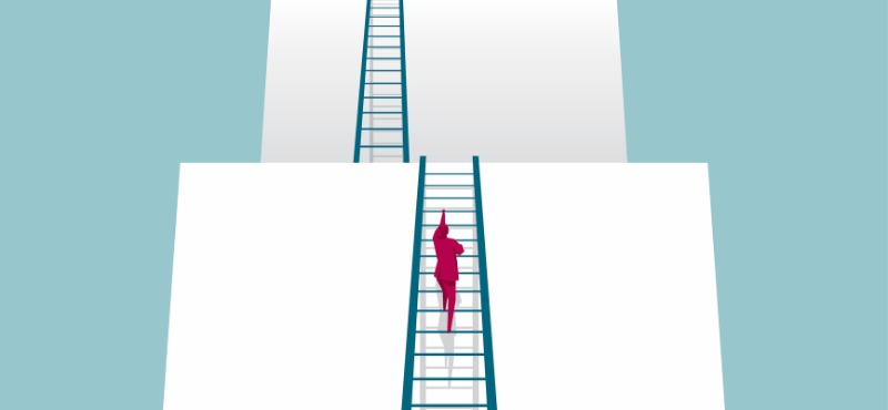 White blocks with blue climbing ladders with a red cartoon person climbing up the first ladder