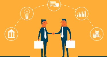 Yellow background with two businessmen shaking hands discussing icons in the yellow