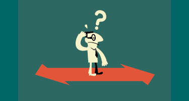 Animated figure stands confused on arrow pointing two ways