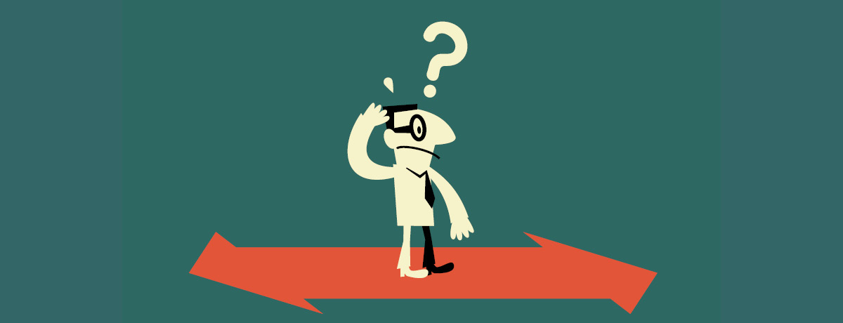 Animated figure stands confused on arrow pointing two ways