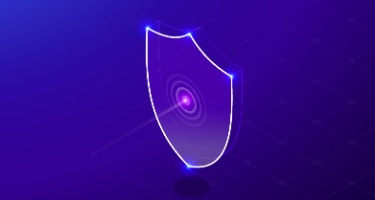 A purple shield symbolizing a century in business with a purple background