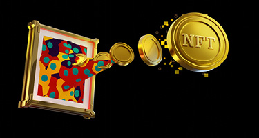 NFT coins floating out of a framed piece of artwork on black background