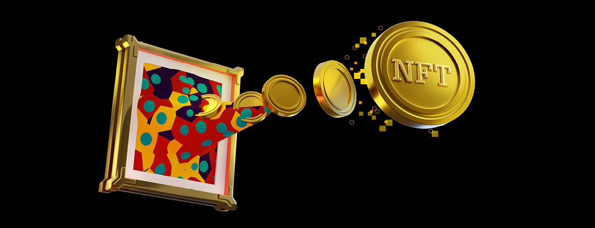 NFT coins floating out of a framed piece of artwork on black background