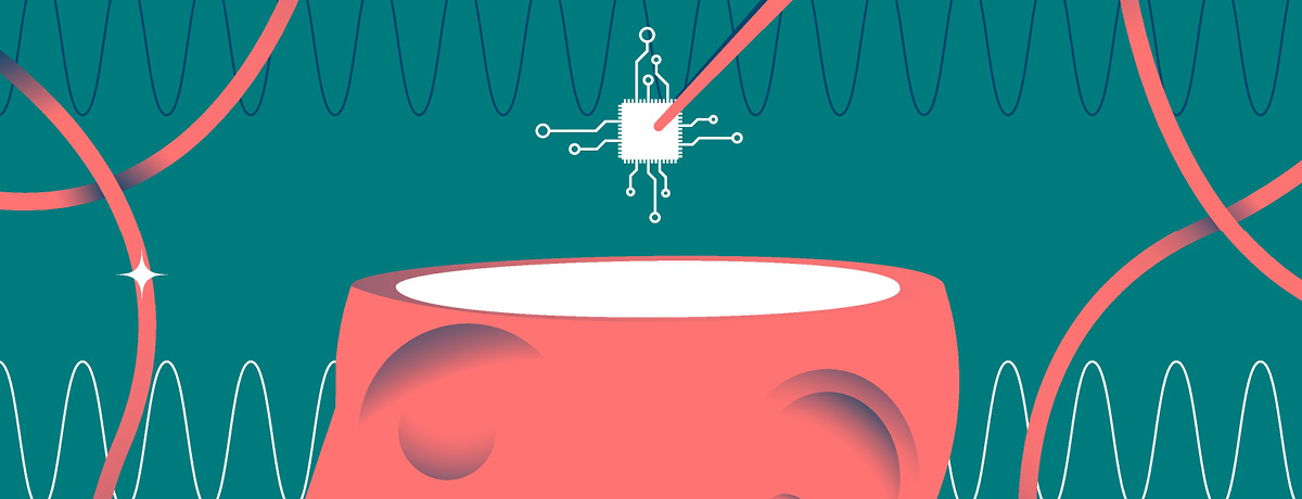 Microchip above animated head with eyes closed