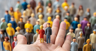 Two toy people being held in the palm of someone's hand above a group of other toy people