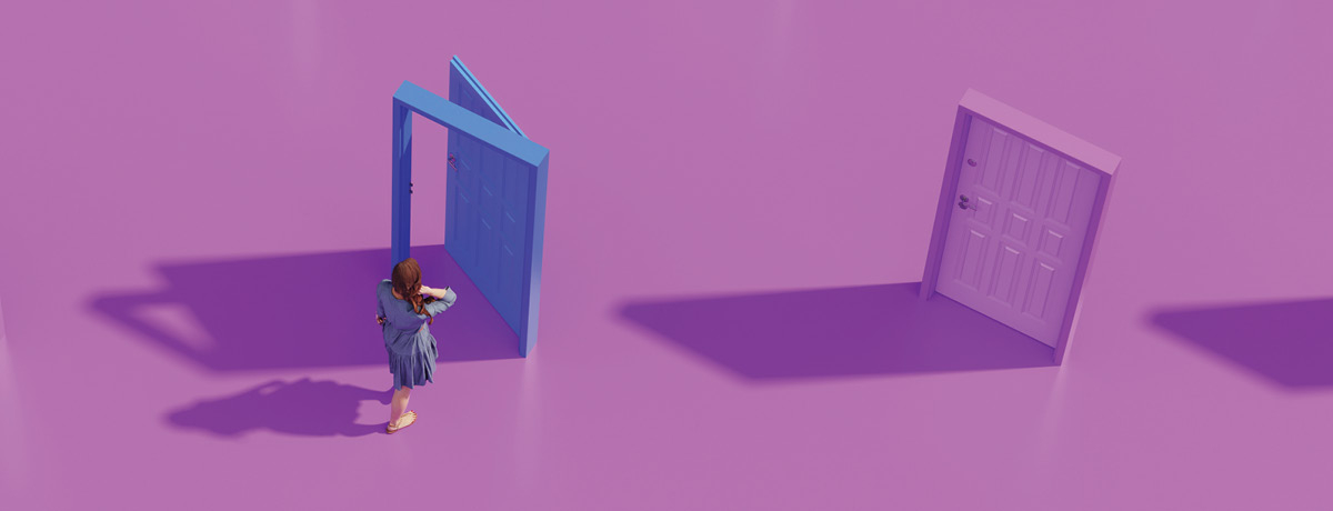 Woman in front of open blue door