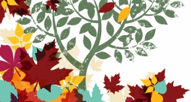 Green cartoon tree grows with multicolored leaves all around it 