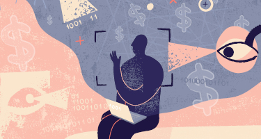 Blue human figure holding computer with abstract background