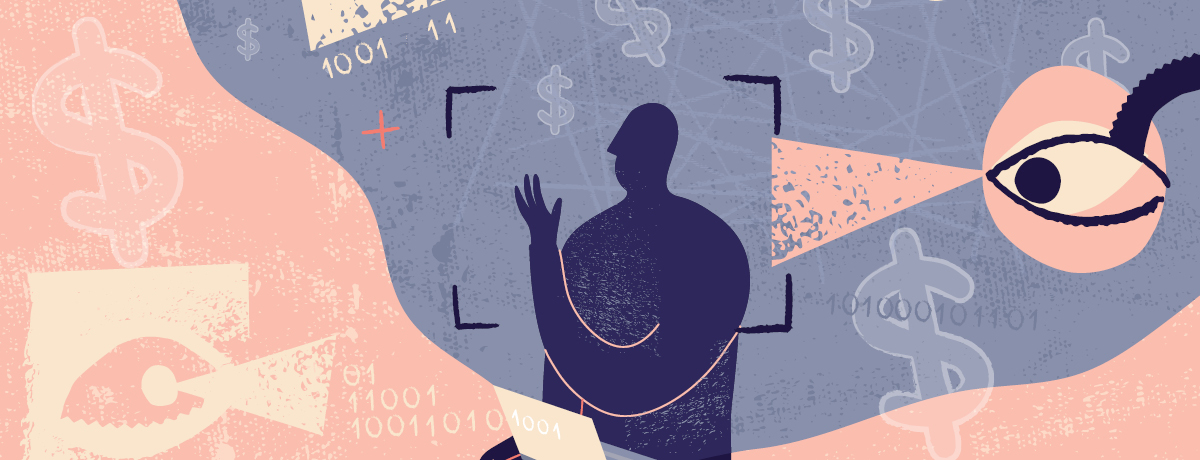 Blue human figure holding computer with abstract background
