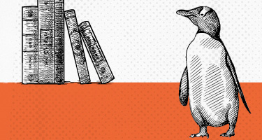 Penguin logo in front of black and white books