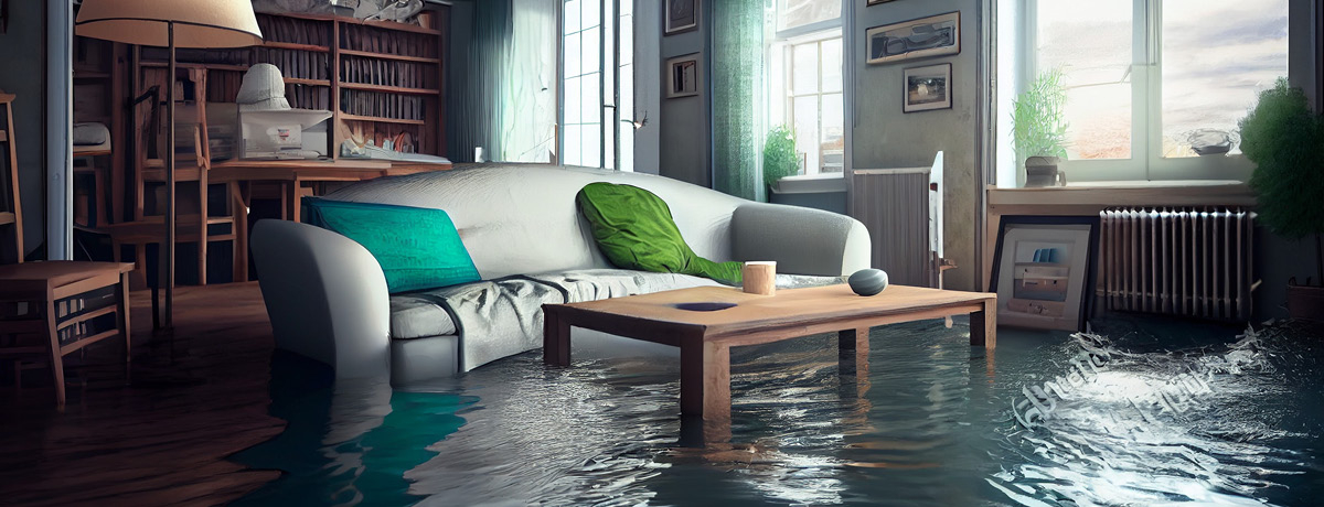 Living room in a house flooded with water