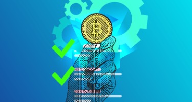 Hand holding a gold Bitcoin symbol with green check marks and cogs behind it