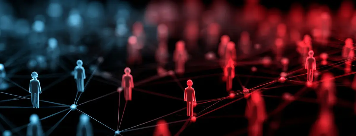 3D network mesh connecting blue human figures transitioning into a larger group of red figures.