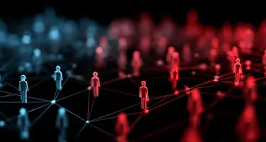 3D network mesh connecting blue human figures transitioning into a larger group of red figures.