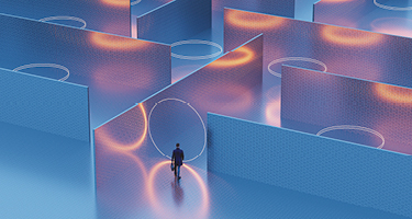 Blue maze walls and bright circles with small outline of person walking through