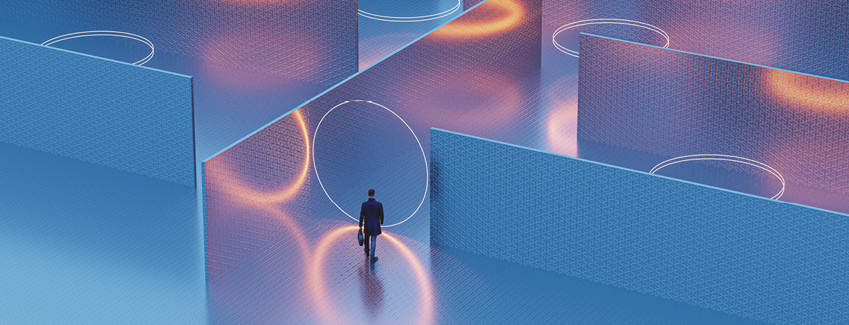 Blue maze walls and bright circles with small outline of person walking through