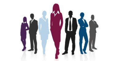 Pink female lawyer standing at the front with male lawyers and other color lawyers behind her