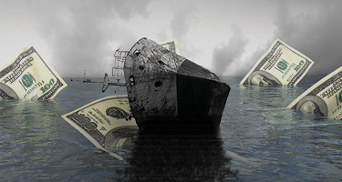 Ship sinking surrounded by money