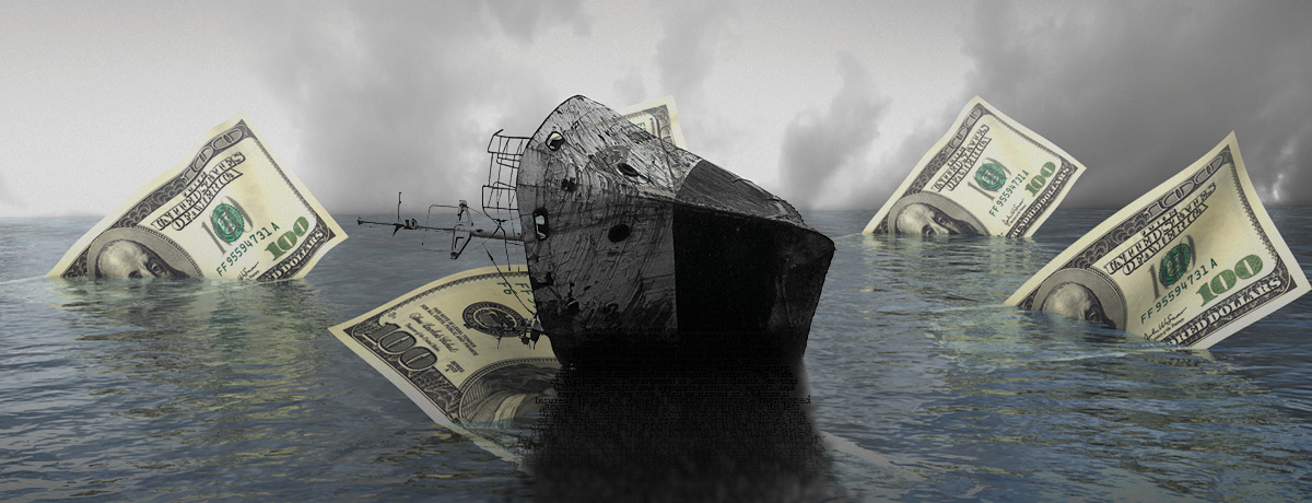 Ship sinking surrounded by money