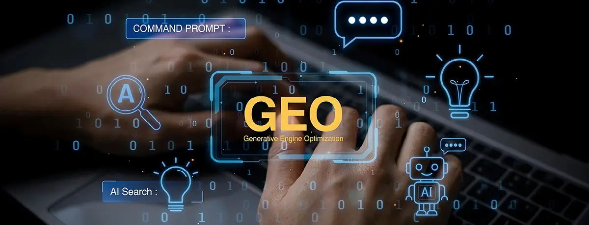 Hands typing on a laptop with glowing GEO and AI search graphics