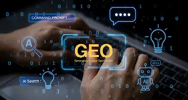 Hands typing on a laptop with glowing GEO and AI search graphics
