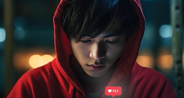 Teenager with hood on using phone as notifications pop up