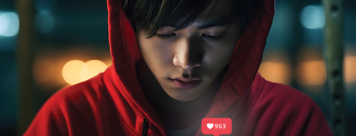 Teenager with hood on using phone as notifications pop up