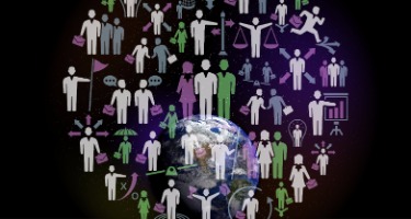 Black background with Earth in the center and employers surrounding the planet 