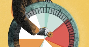 Man with brown suit jacket holds a wheel with different chance opportunities and the circle is in th