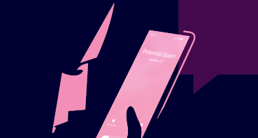 Female silhouette with pink face stares at pink phone screen with a purple message shape