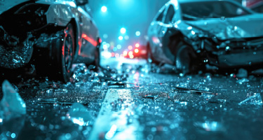 Nighttime image of two crashed cars in street covered in broken glass