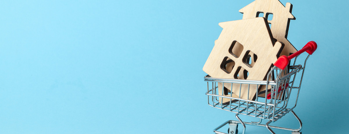 Wooden house cut outs in a shopping cart with a blue backdrop