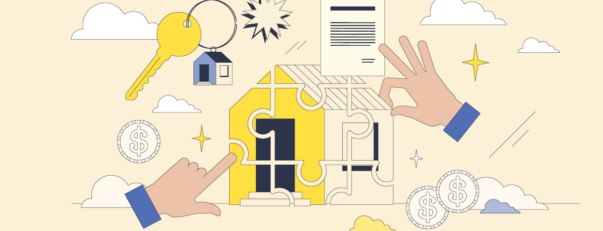 Hands dividing a house puzzle piece with keys and money symbolizing asset division in divorce