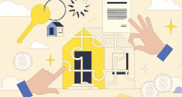 Hands dividing a house puzzle piece with keys and money symbolizing asset division in divorce