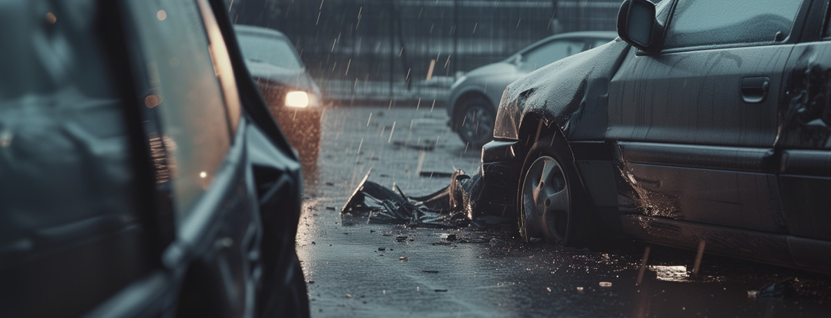 Car showing damages on a rainy highway