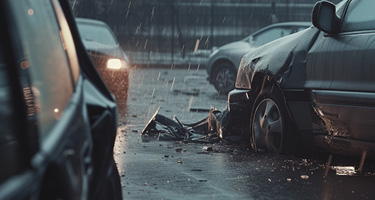 Car showing damages on a rainy highway