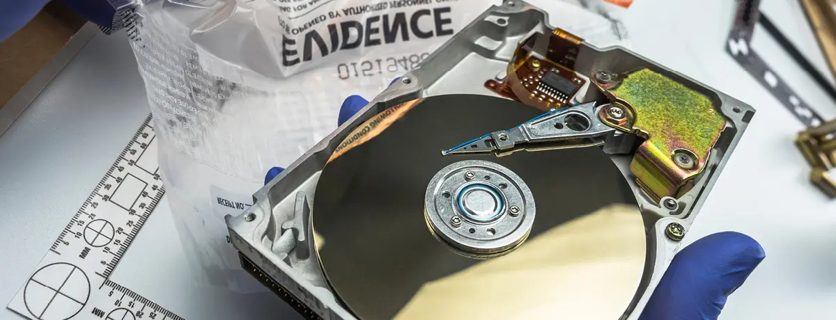 A close-up shot of an open computer hard drive.