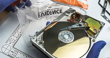 A close-up shot of an open computer hard drive.