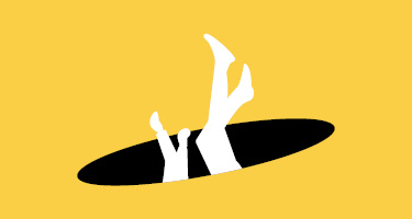 A pair of silhouetted legs falling down a hole with yellow background