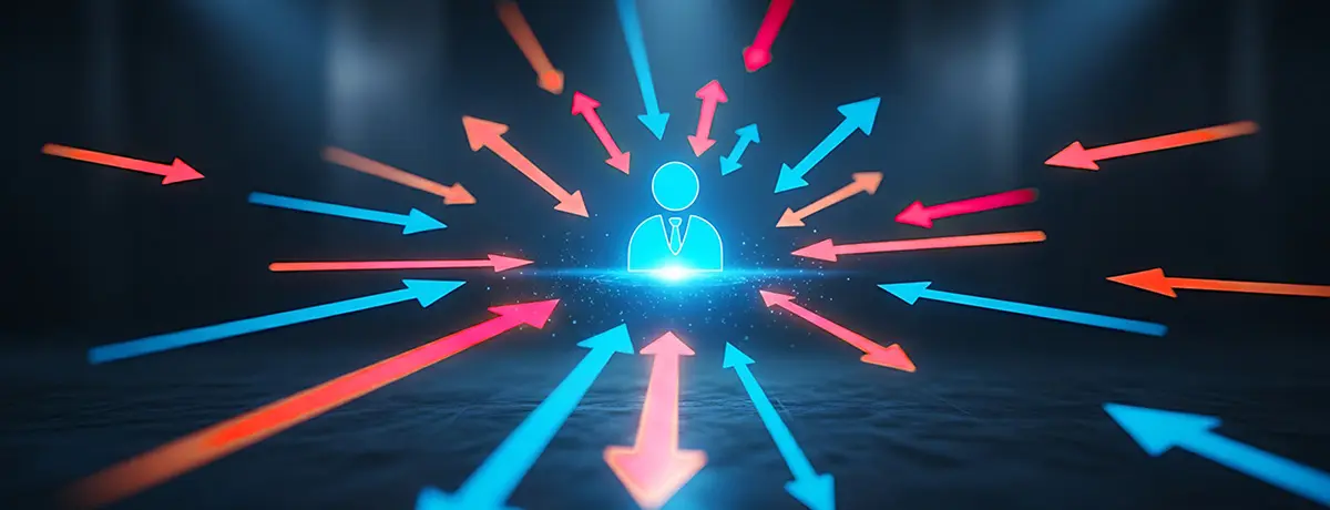A glowing professional icon surrounded by incoming arrows, symbolizing data collection and feedback.