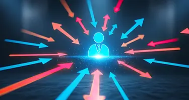A glowing professional icon surrounded by incoming arrows, symbolizing data collection and feedback.
