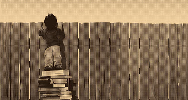 Old fashioned photo of child standing on pile of books to look over wooden fence