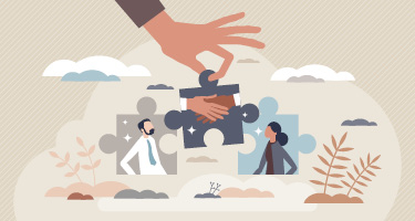 Cartoon image of hand placing puzzle piece between two other pieces