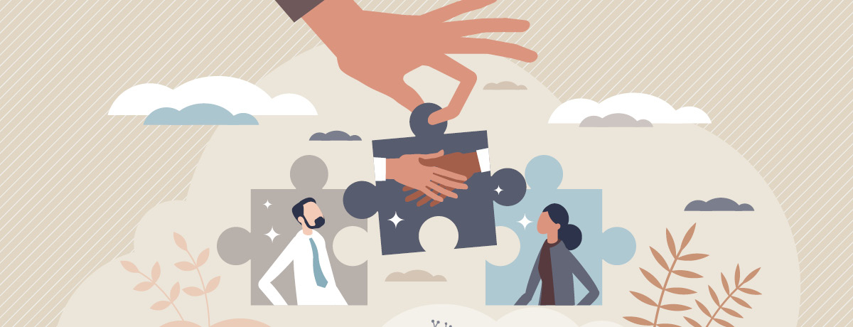 Cartoon image of hand placing puzzle piece between two other pieces