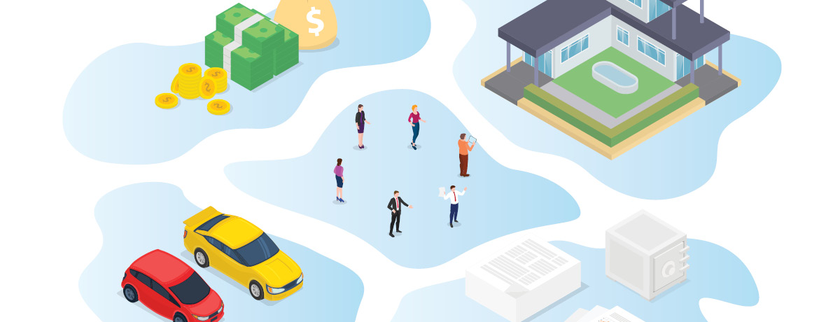 Illustration of a home, money, vehicles and financial assets representing estate planning strategies