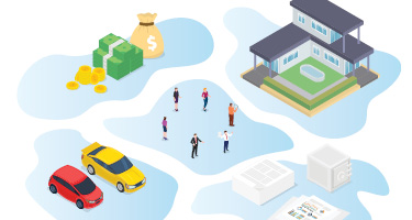 Illustration of a home, money, vehicles and financial assets representing estate planning strategies