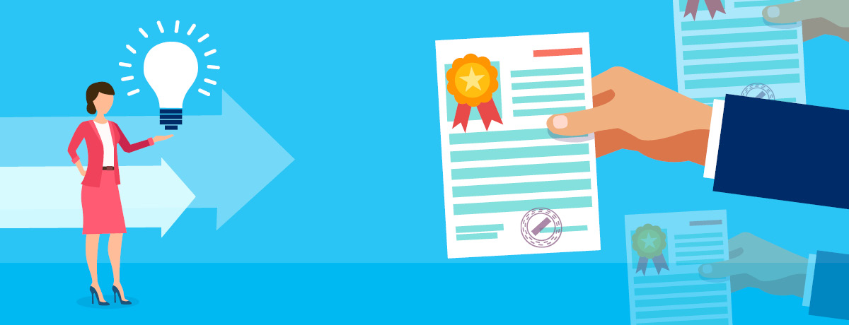 Illustration of a person with an idea next to a lawyer holding patent documents