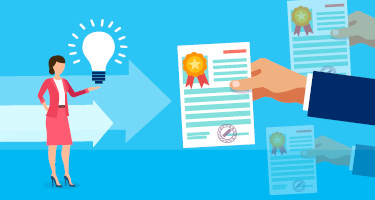 Illustration of a person with an idea next to a lawyer holding patent documents