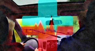 Elderly couple in a car driving with a giant plus mark in front of the wheel 