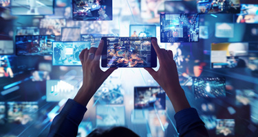 Person holding a smartphone surrounded by floating digital screens, illustrating the use of video co